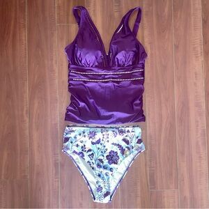Purple and Floral Two-Piece Swimsuit (tankini)
